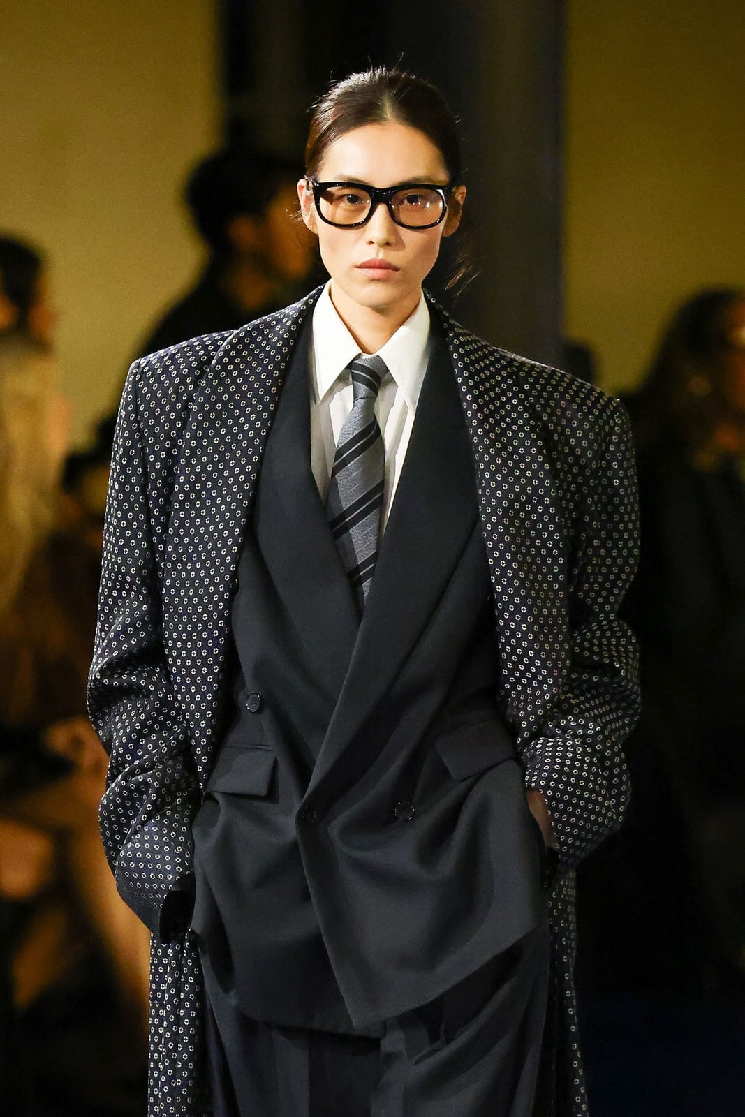 Oversized printed blazer over a dark suit Oversized printed blazer over a dark suit — 80s Luxury Outfits 2027