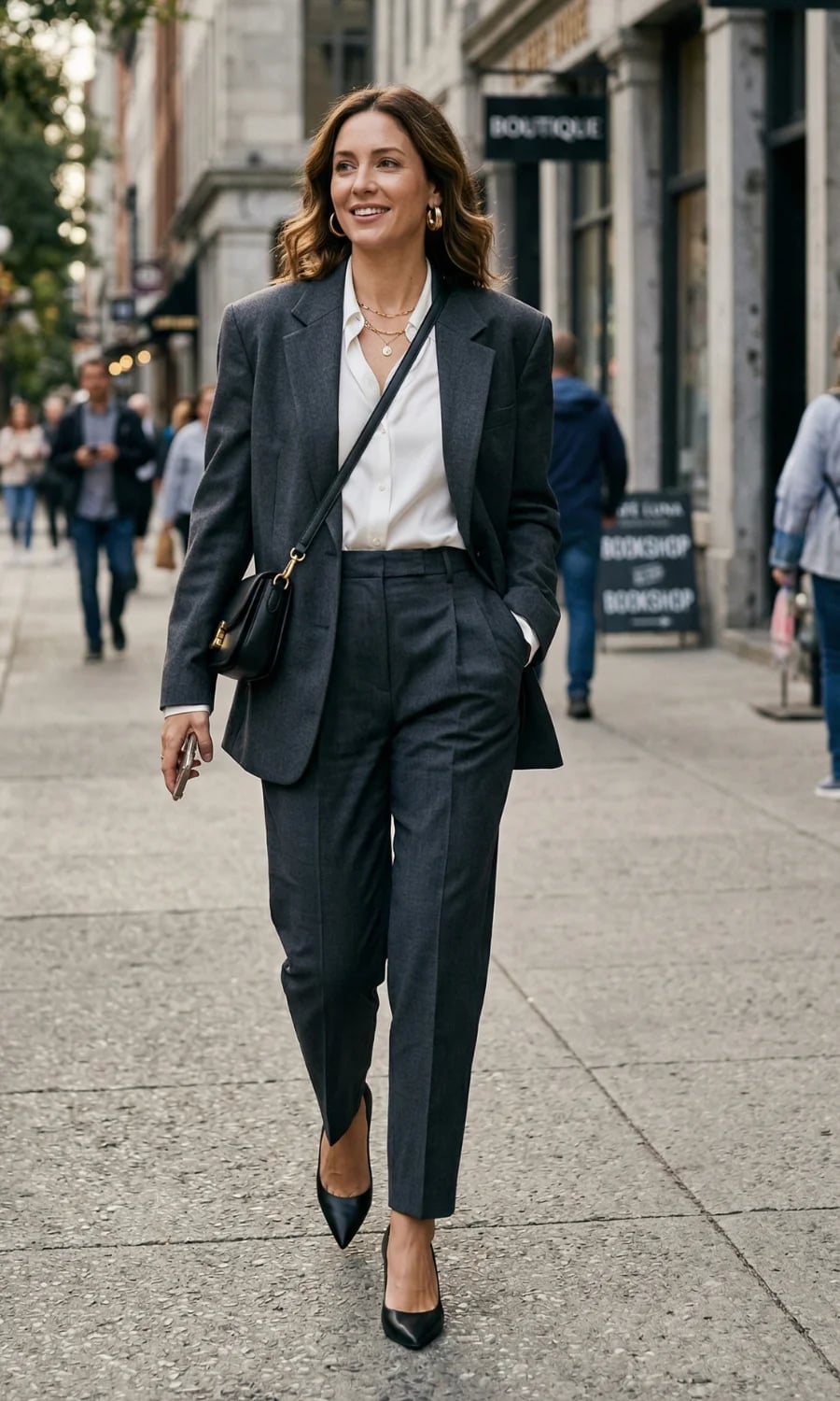 Gray tailored suit with sharp tailoring and shoulder pads Gray tailored suit with sharp tailoring and shoulder pads — 80s Luxury Outfits 2027
