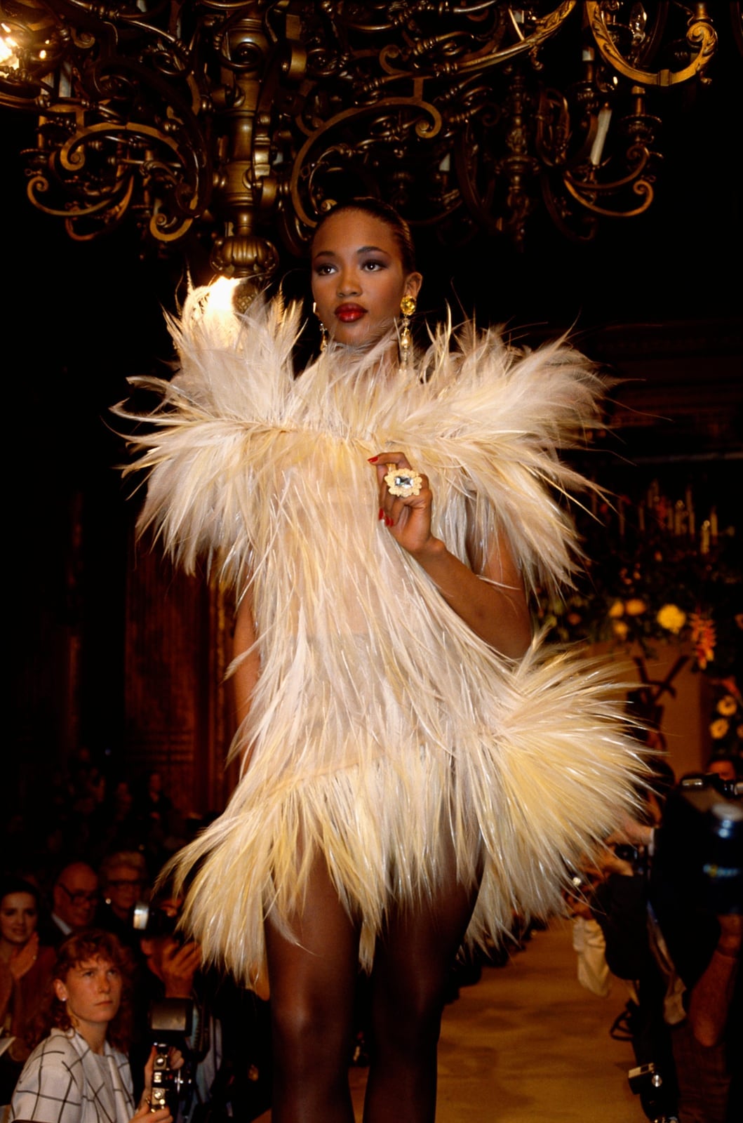 Cream voluminous feather mini dress for evening wear 80s Luxury Outfits 2027