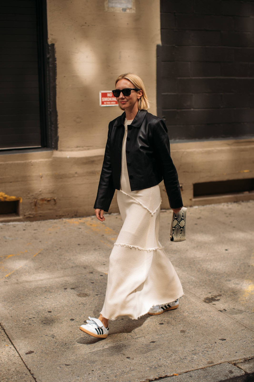 Cream Textured Midi Dress With Black Leather Jacket Cream Textured Midi Dress With Black Leather Jacket — Sneakers 2027 with Dress Outfits