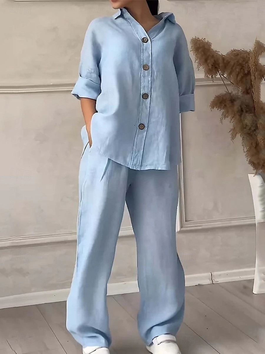 Casual Baby Blue Linen Blend Set with Oversized Shirt and Sneakers Casual Baby Blue Linen Blend Set with Oversized Shirt and Sneakers — Baby Blue Outfits 2027