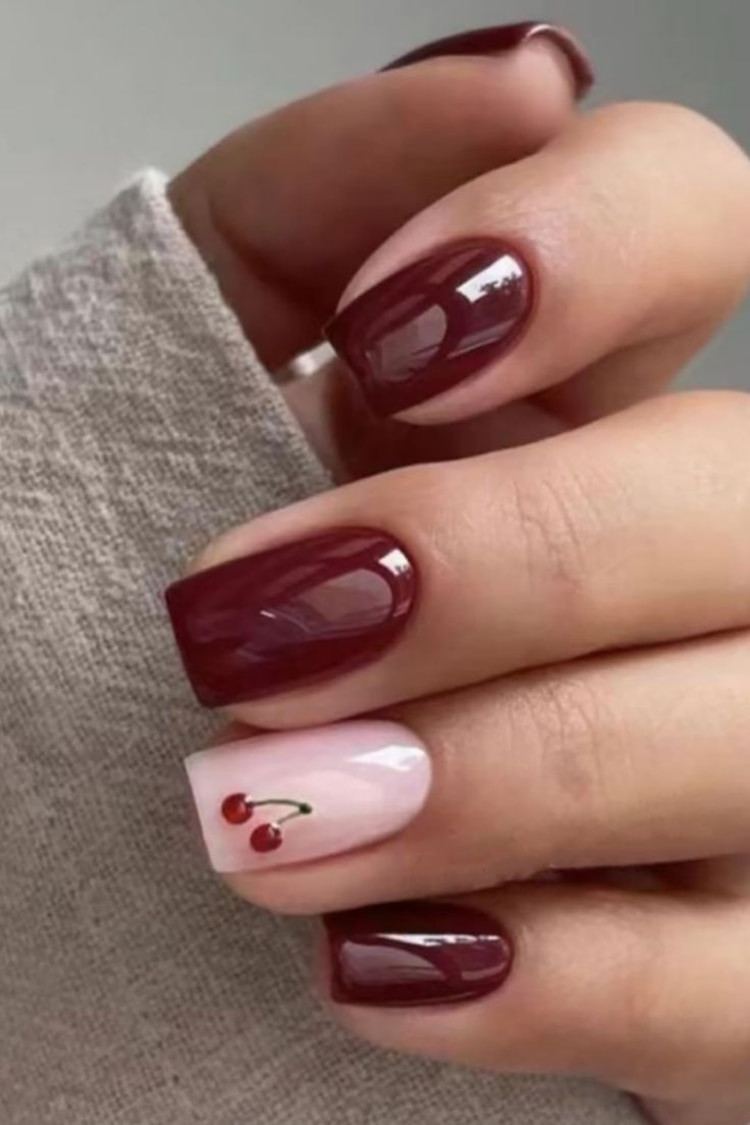 Burgundy Nails with Cherry Accent Burgundy Nails with Cherry Accent — Square Nails 2027