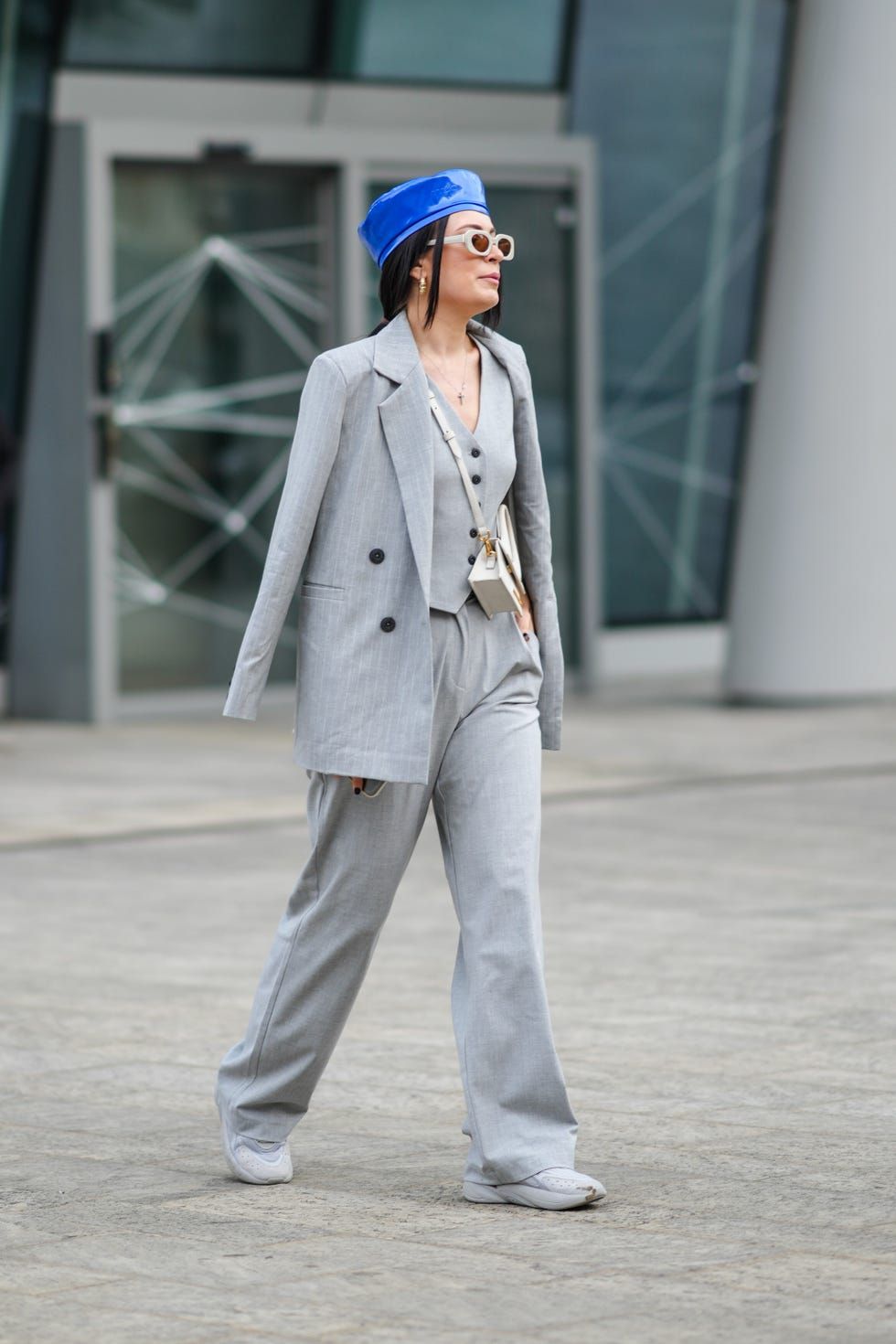 Grey Pinstripe Suit with Blue Beret Grey Pinstripe Suit with Blue Beret — Vest Outfits 2027