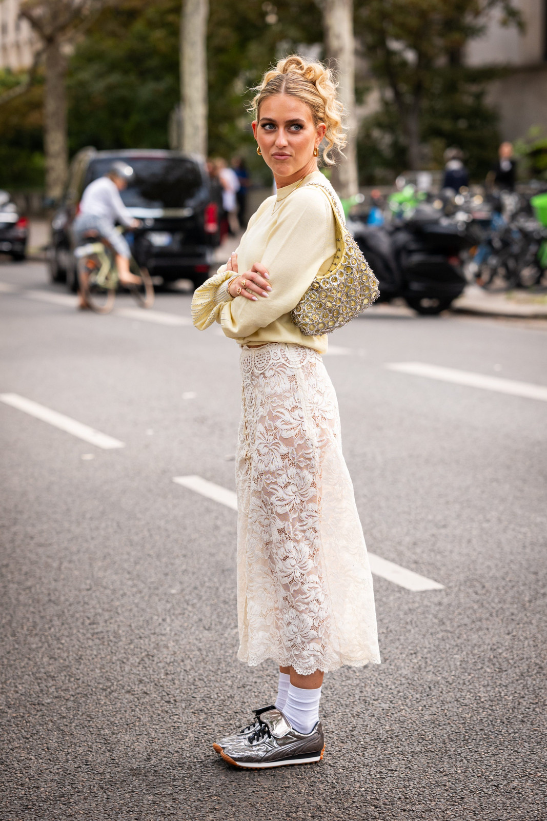 Ivory Lace Skirt with Yellow Sweater and Silver Sneakers — Slip Skirt Outfits 2027