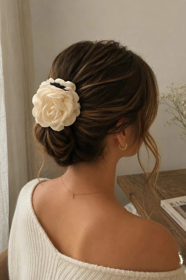 Dark Brown Bun With Fabric Flower Clip — Claw Clip Bun 2027