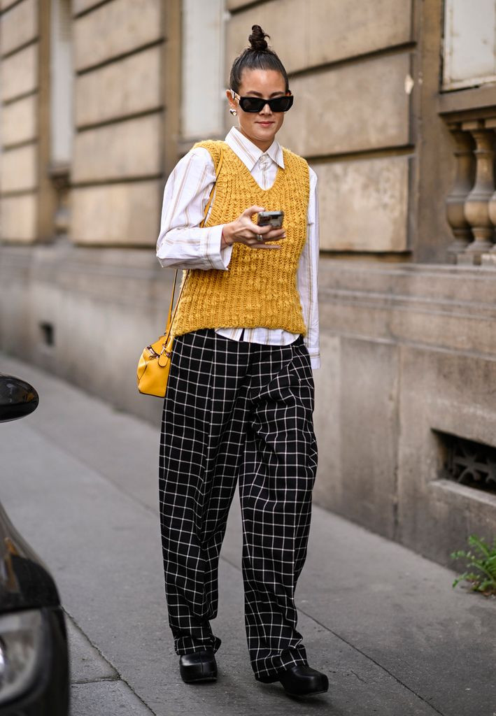 Layered Look: Pinstripe Shirt, Yellow Vest, and Checked Trousers Layered Look: Pinstripe Shirt, Yellow Vest, and Checked Trousers — Vintage Outfits 2027