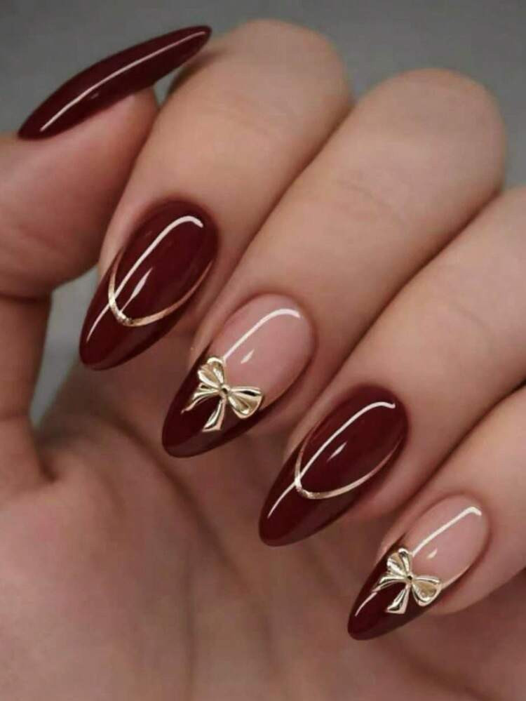 Deep Red and Nude with Gold Bows Deep Red and Nude with Gold Bows — Almond Press On Nails 2027