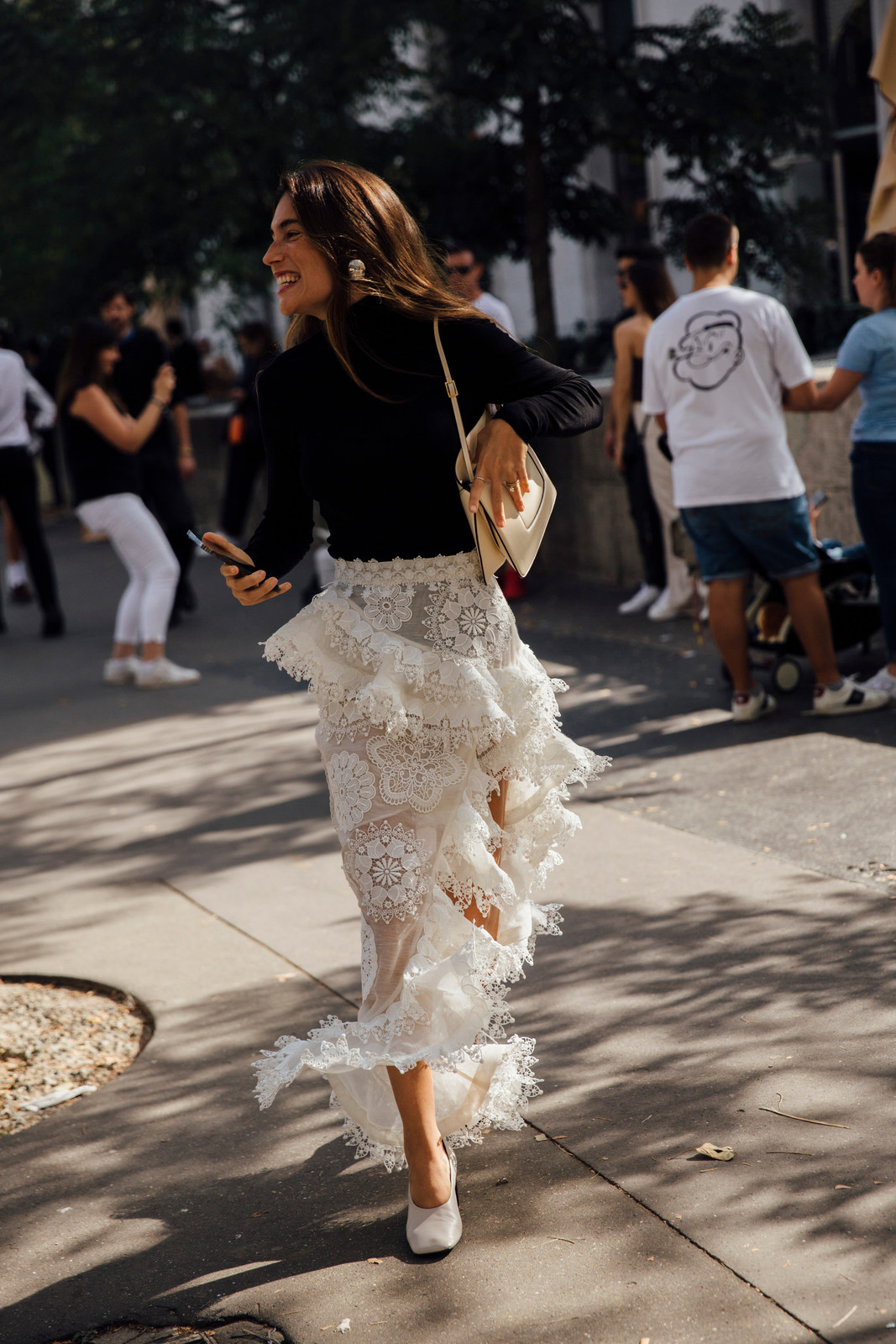 Dramatic White Lace Skirt with a Simple Black Top Dramatic White Lace Skirt with a Simple Black Top — Spring Europe Outfits 2027