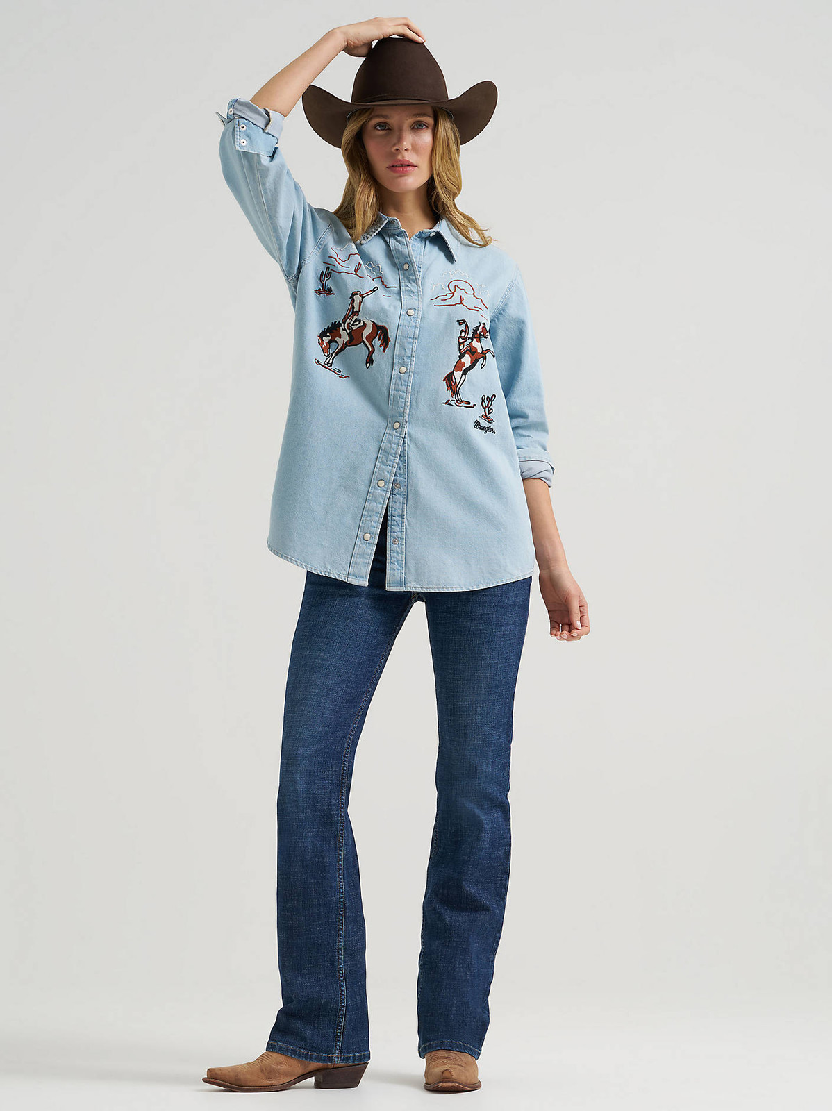 Embroidered Western Denim Shirt with Cowboy Boots Embroidered Western Denim Shirt with Cowboy Boots — Denim Shirt Outfits 2027