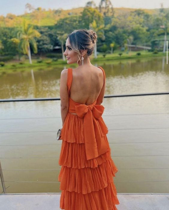Burnt Orange Chiffon Dress with Tiered Skirt and Bow Detail Burnt Orange Chiffon Dress with Tiered Skirt and Bow Detail — Modest Dresses 2027