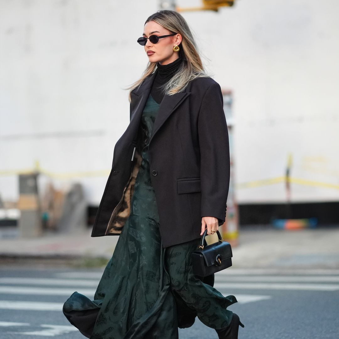 Smart Casual: Patterned Satin Dress Under a Black Blazer Smart Casual: Patterned Satin Dress Under a Black Blazer — Satin Dresses 2027