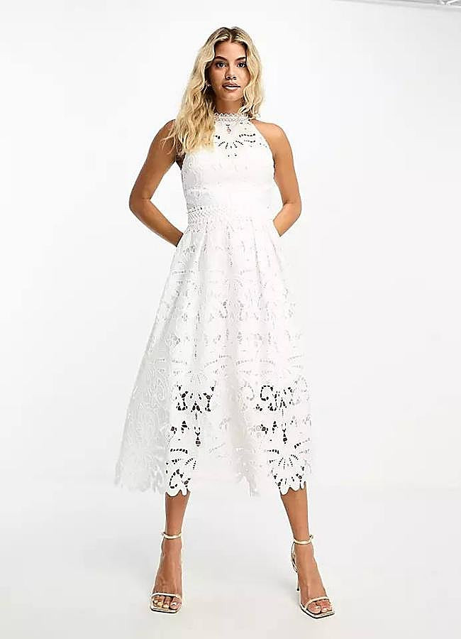 Ethereal Grace: White Lace Midi Dress with Sheer Panels — Coquette Lace Outfits 2027