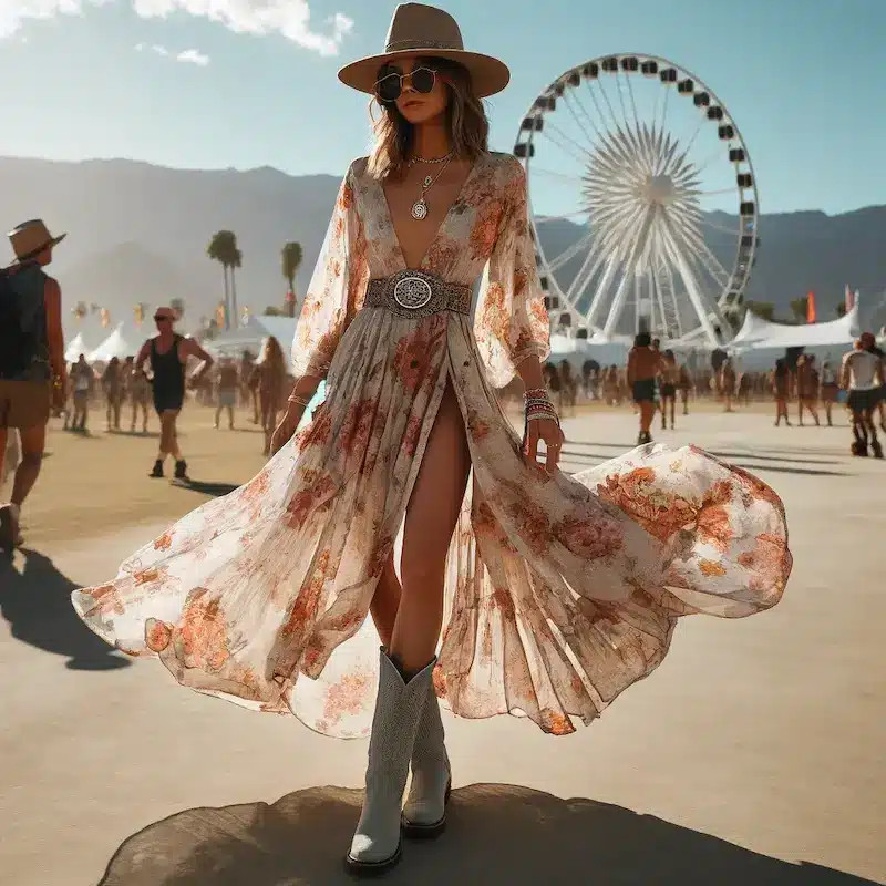 Flowy Floral Maxi Dress with Cowboy Boots — Summer Country Concert Outfits 2027
