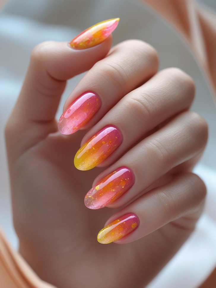 Pink to Yellow Jelly Glitter Gradient Pink to Yellow Jelly Glitter Gradient — Coachella Nails 2027