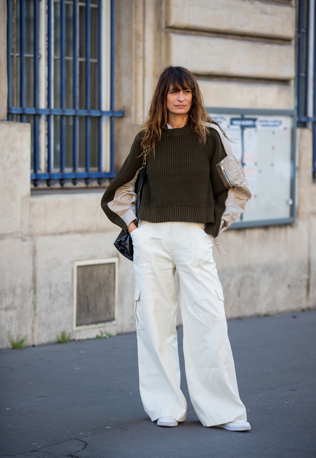 Cropped Knit Sweater Over a Long Sleeve, Paired with Cargo Pants — French Girl Outfits 2027