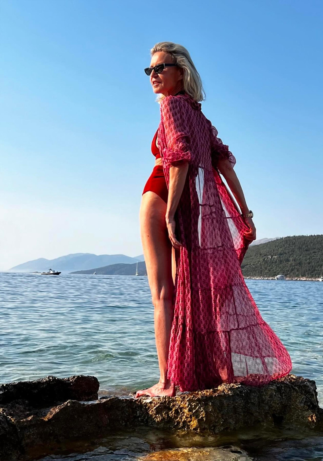 Sheer Pink Patterned Kimono over Red Bikini Sheer Pink Patterned Kimono over Red Bikini — Beach Dresses 2027