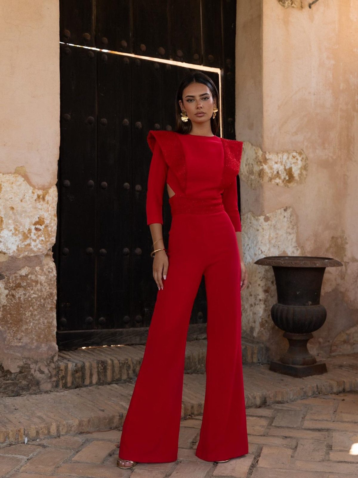 Vibrant Red Jumpsuit with Ruffled Shoulders for Evening — Summer Jumpsuit Outfits 2027