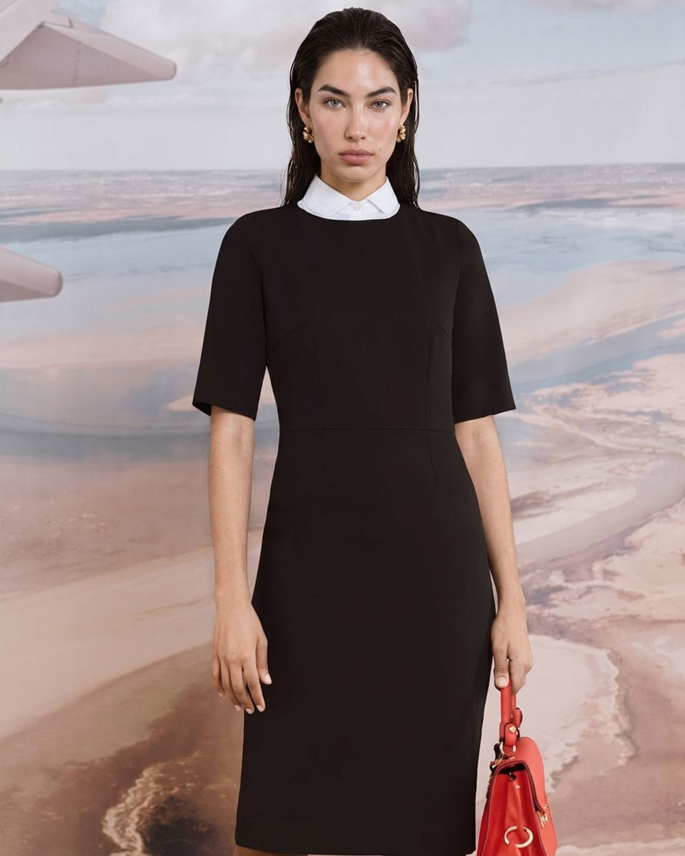 Black Sheath Dress with White Collar and Red Handbag Black Sheath Dress with White Collar and Red Handbag — Conference Outfits 2027