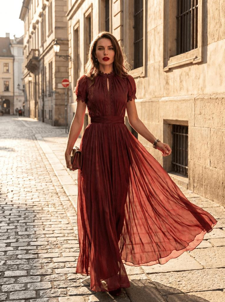 Maroon Chiffon Long Tiered Dress with High Neckline Maroon Chiffon Long Tiered Dress with High Neckline — Tiered Dresses 2027