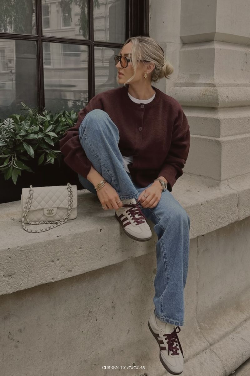 Burgundy Cardigan Over White Tee with Relaxed Jeans Burgundy Cardigan Over White Tee with Relaxed Jeans — Everyday Outfits 2027