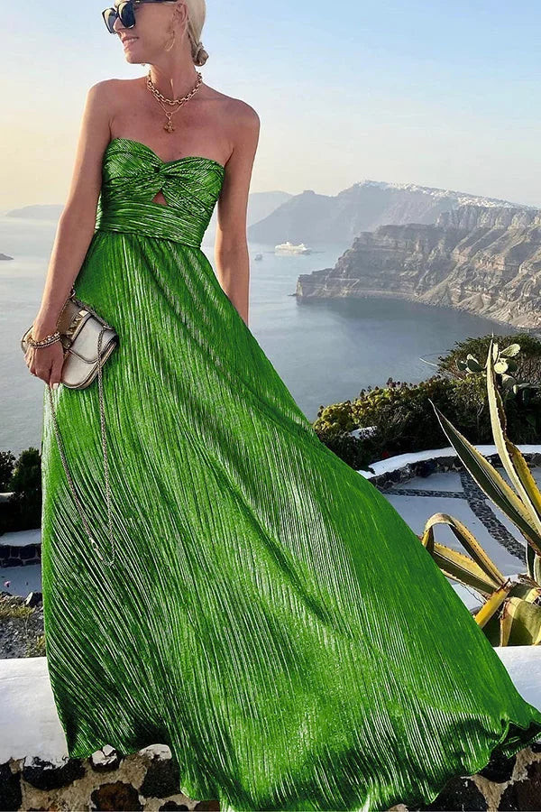 Green Metallic Pleated Dress with Sweetheart Neckline and A-Line Skirt Green Metallic Pleated Dress with Sweetheart Neckline and A-Line Skirt — Corset Prom Dresses 2027