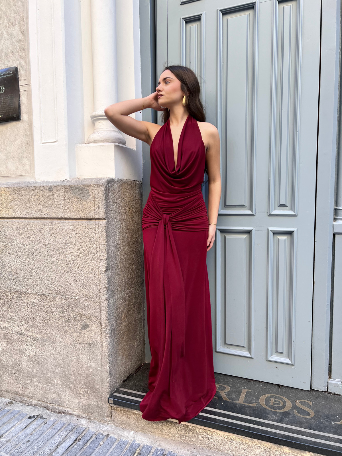Deep Red Chiffon Maxi Dress with Draped Halter Neckline Deep Red Chiffon Maxi Dress with Draped Halter Neckline — Red Prom Dresses 2027