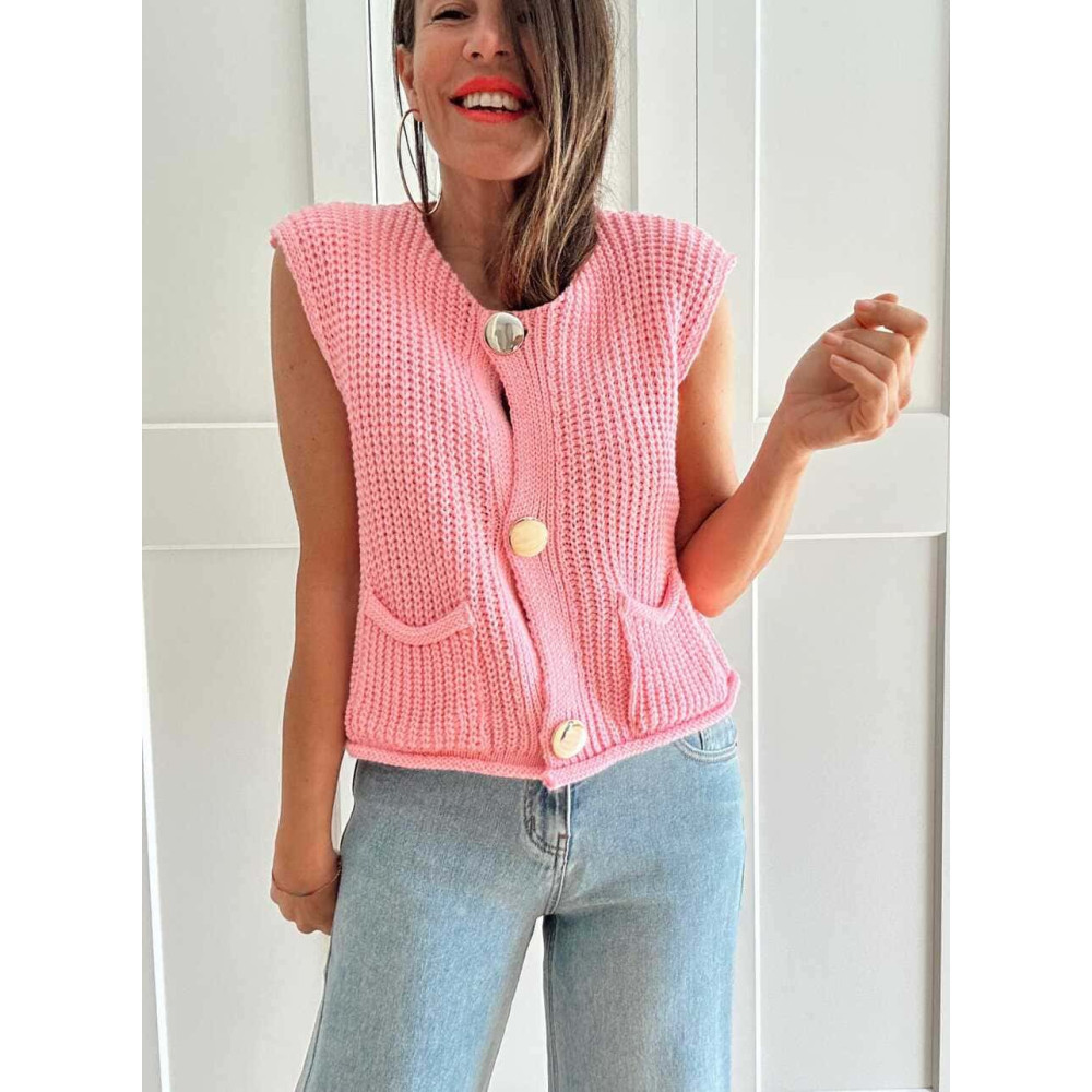Vibrant Pink Chunky Knit Vest with Gold Buttons Vibrant Pink Chunky Knit Vest with Gold Buttons — Vests 2027