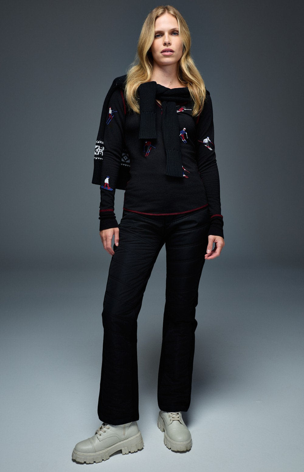 Black Knit Top with Ski Motif and Chunky Boots Black Knit Top with Ski Motif and Chunky Boots — Apres Ski Outfits 2027