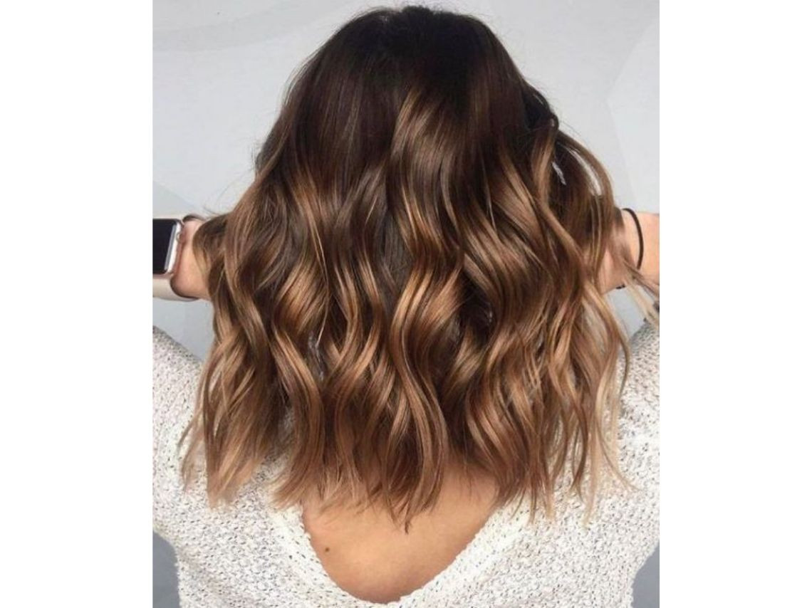 Back View Of Wavy Lob With Caramel Blend — Caramel Balayage 2027