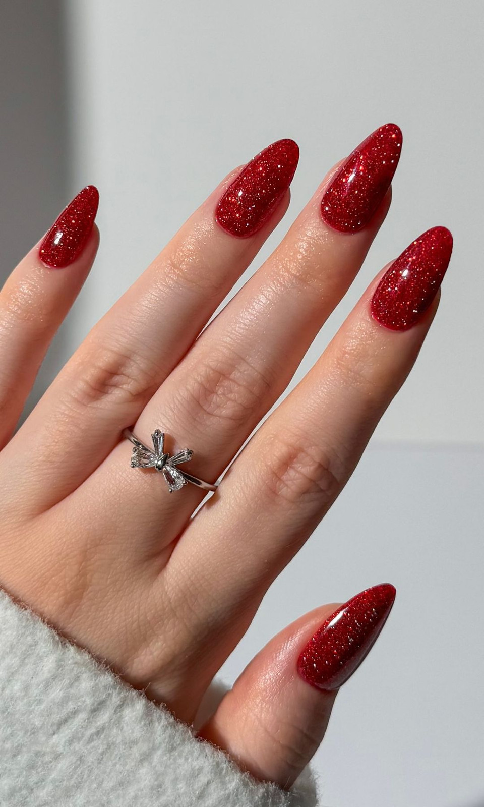 Long Almond Deep Red Silver Glitter Long Almond Deep Red Silver Glitter — Christmas Nails 2026