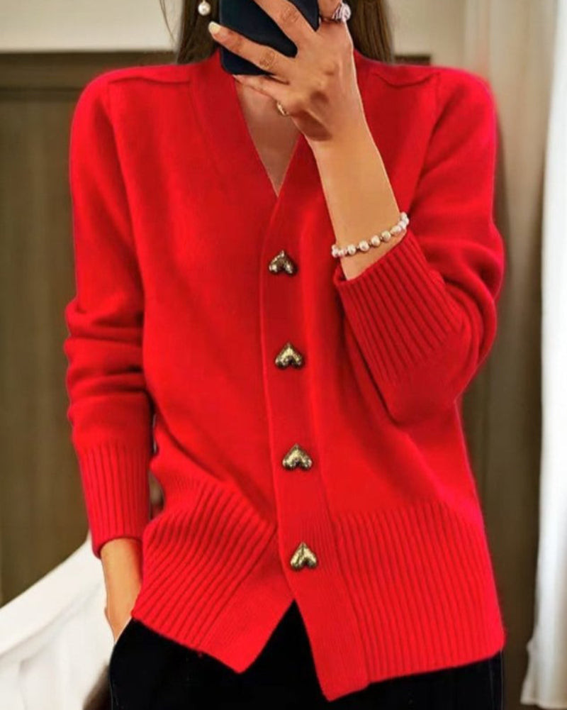 Cozy Red V-Neck Cardigan with Heart Buttons Cozy Red V-Neck Cardigan with Heart Buttons — Heart Outfits 2027