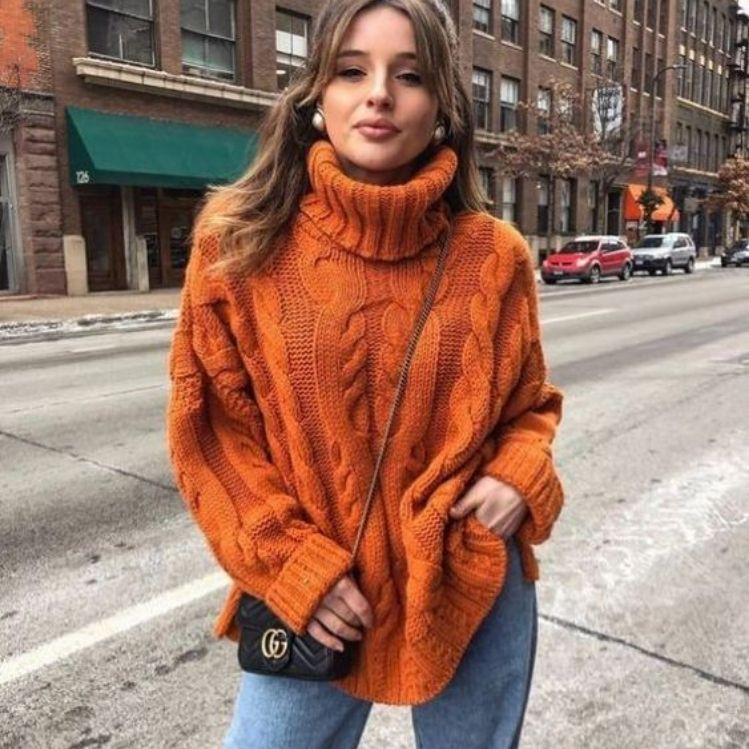 Orange Chunky Cable-Knit Turtleneck with Light Blue Jeans Orange Chunky Cable-Knit Turtleneck with Light Blue Jeans — Turtleneck Sweater Outfits 2027