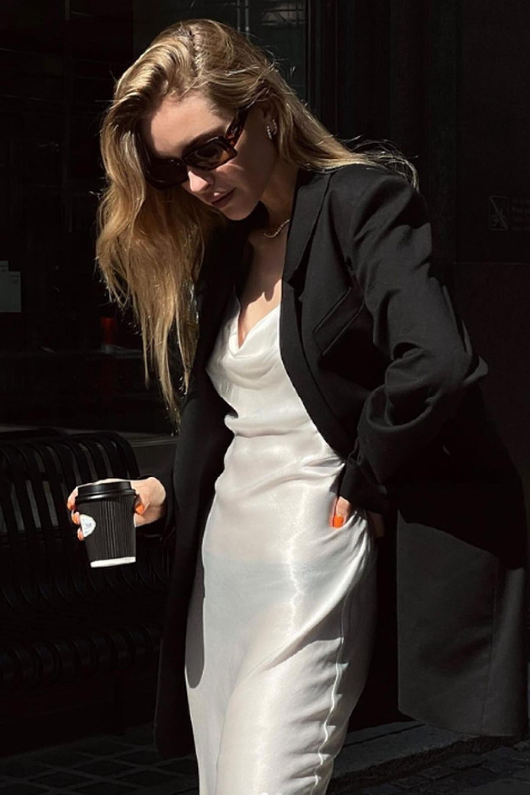 Monochromatic Sophistication: White Slip Dress with Black Blazer and Sunglasses Monochromatic Sophistication: White Slip Dress with Black Blazer and Sunglasses — Slip Dresses 2027