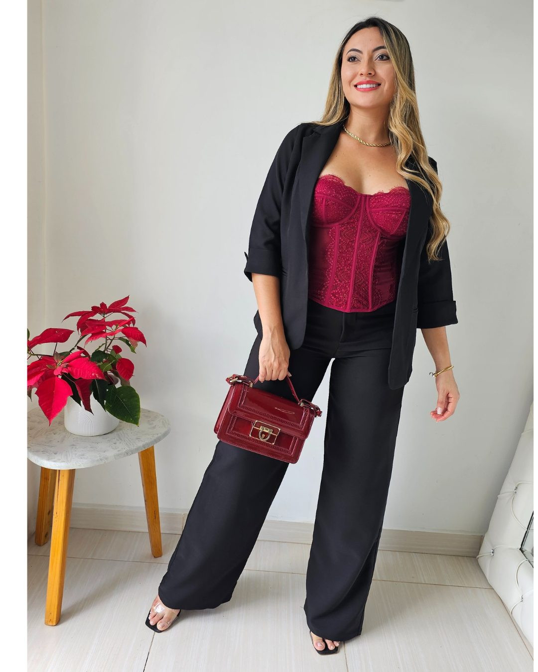 Red Lace Corset Top with Black Blazer and Wide-Leg Trousers Red Lace Corset Top with Black Blazer and Wide-Leg Trousers — Spring Corset Top Outfits 2027