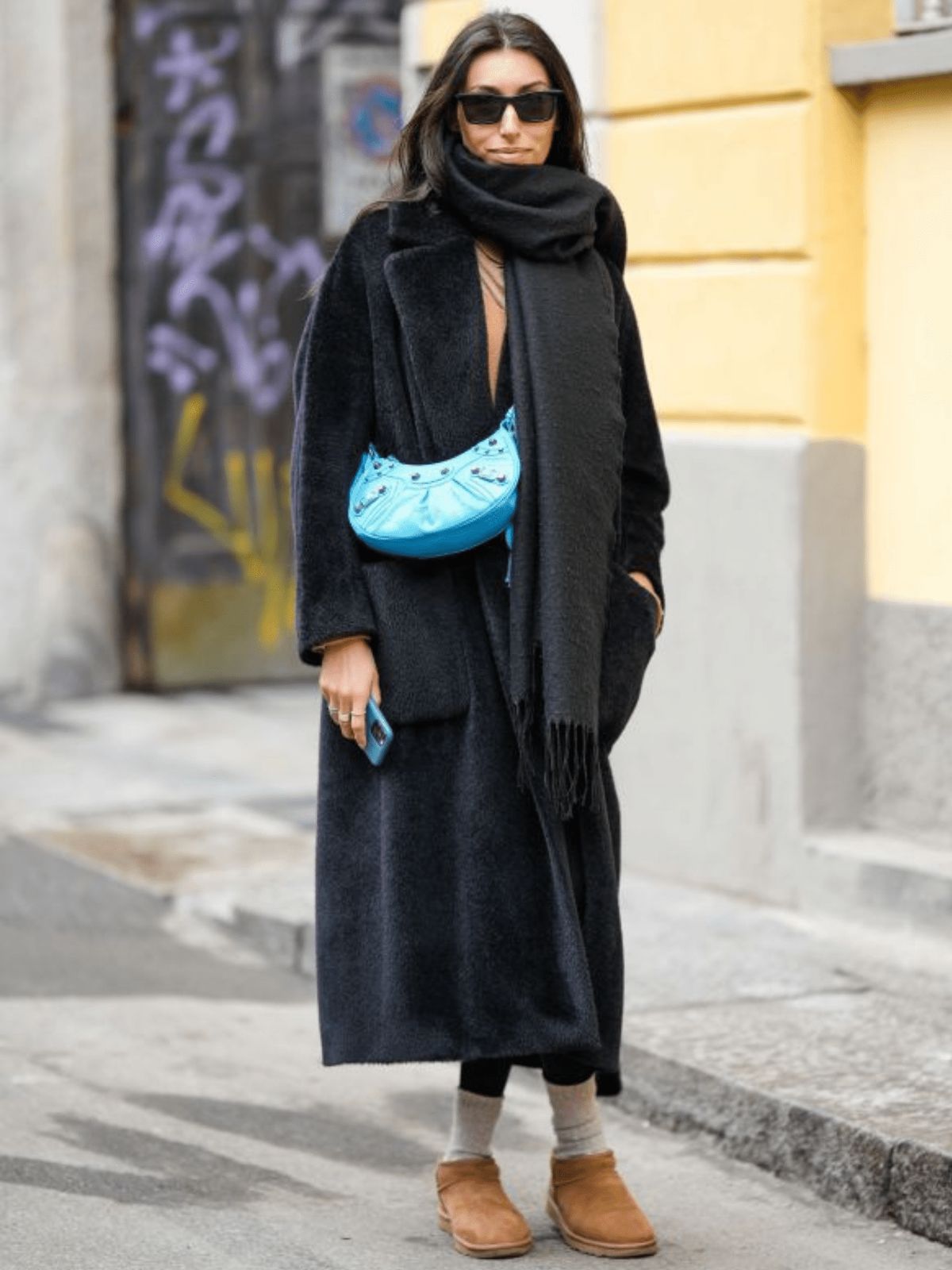 Brown Clogs with Fuzzy Coat and Bright Blue Bag Brown Clogs with Fuzzy Coat and Bright Blue Bag — Uggs Outfits 2027