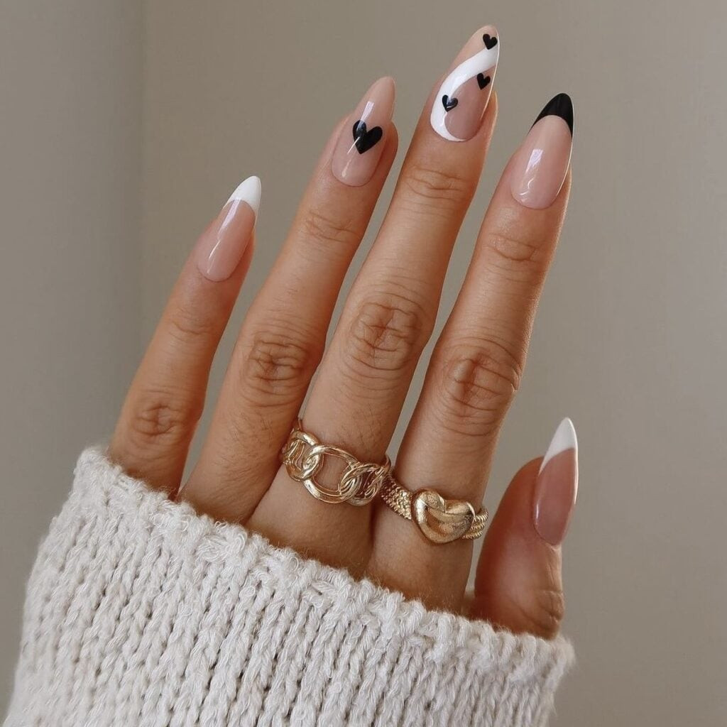 Black French Heart Swirl Almond Black French Heart Swirl Almond — Valentines French Tip Nails 2027