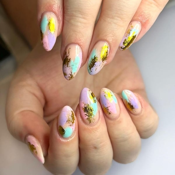 Medium Almond Pastel Pink Lavender Mint Green Gold Foil Nails — Abstract Watercolor Nails 2027