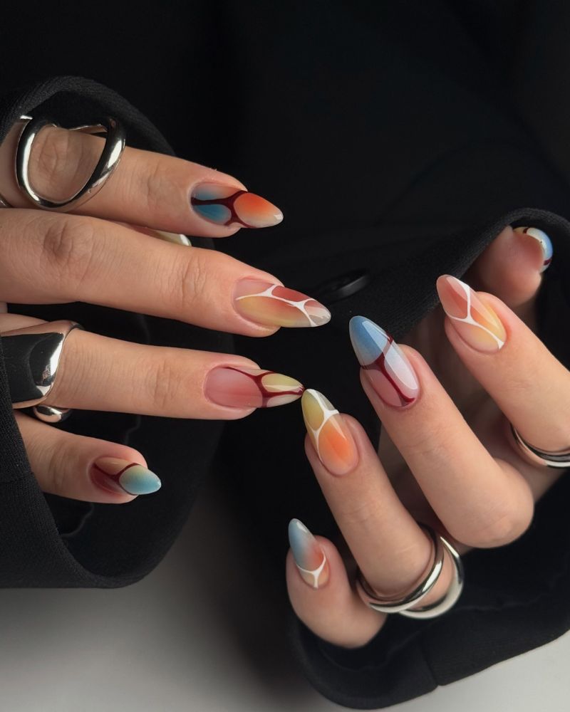 Medium Stiletto Warm Cool Tones Geometric Lines Nails — Abstract Watercolor Nails 2027