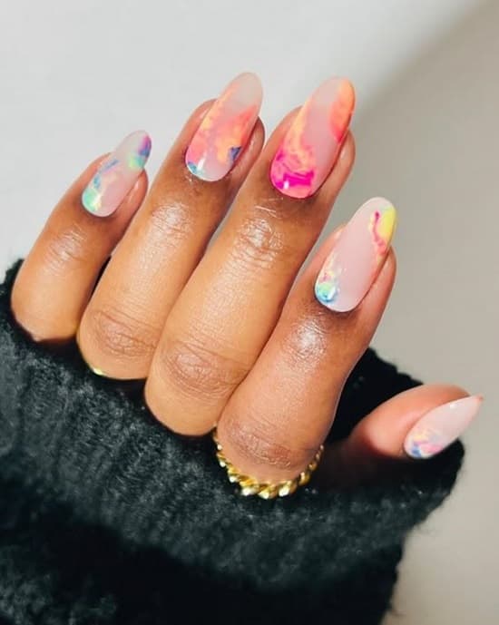 Medium Oval Pink Orange Yellow Light Blue Watercolor Splash Nails — Abstract Watercolor Nails 2027