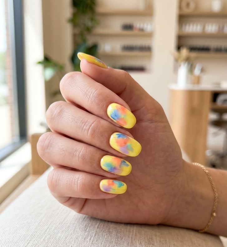 Short to Medium Oval Yellow Base Pink Blue Orange, Everyday Version — Abstract Watercolor Nails 2027