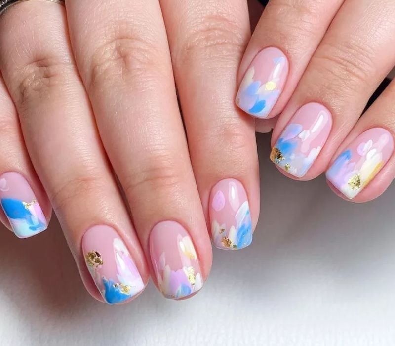 Short Square Pink Base Pastel Blue White Yellow Brush Stroke Gold Foil — Abstract Watercolor Nails 2027