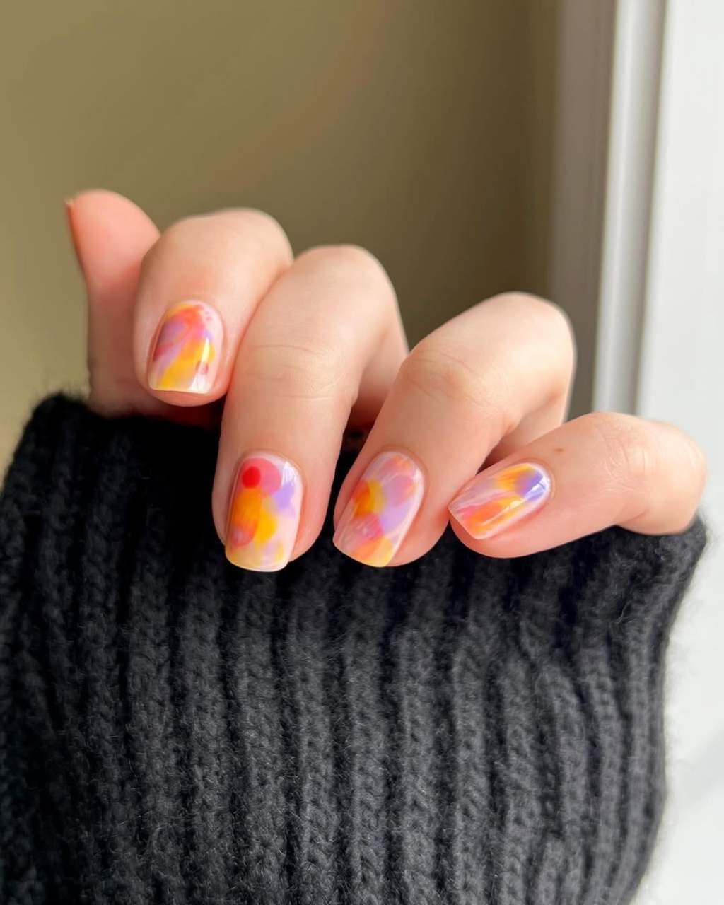 Short Almond Vibrant Pink Yellow Purple Orange, Everyday Version — Abstract Watercolor Nails 2027