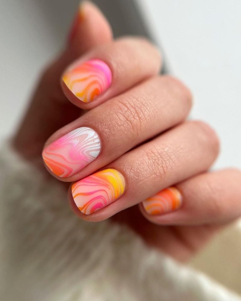 Short Oval Pink Orange Yellow White Swirl Nails — Abstract Watercolor Nails 2027