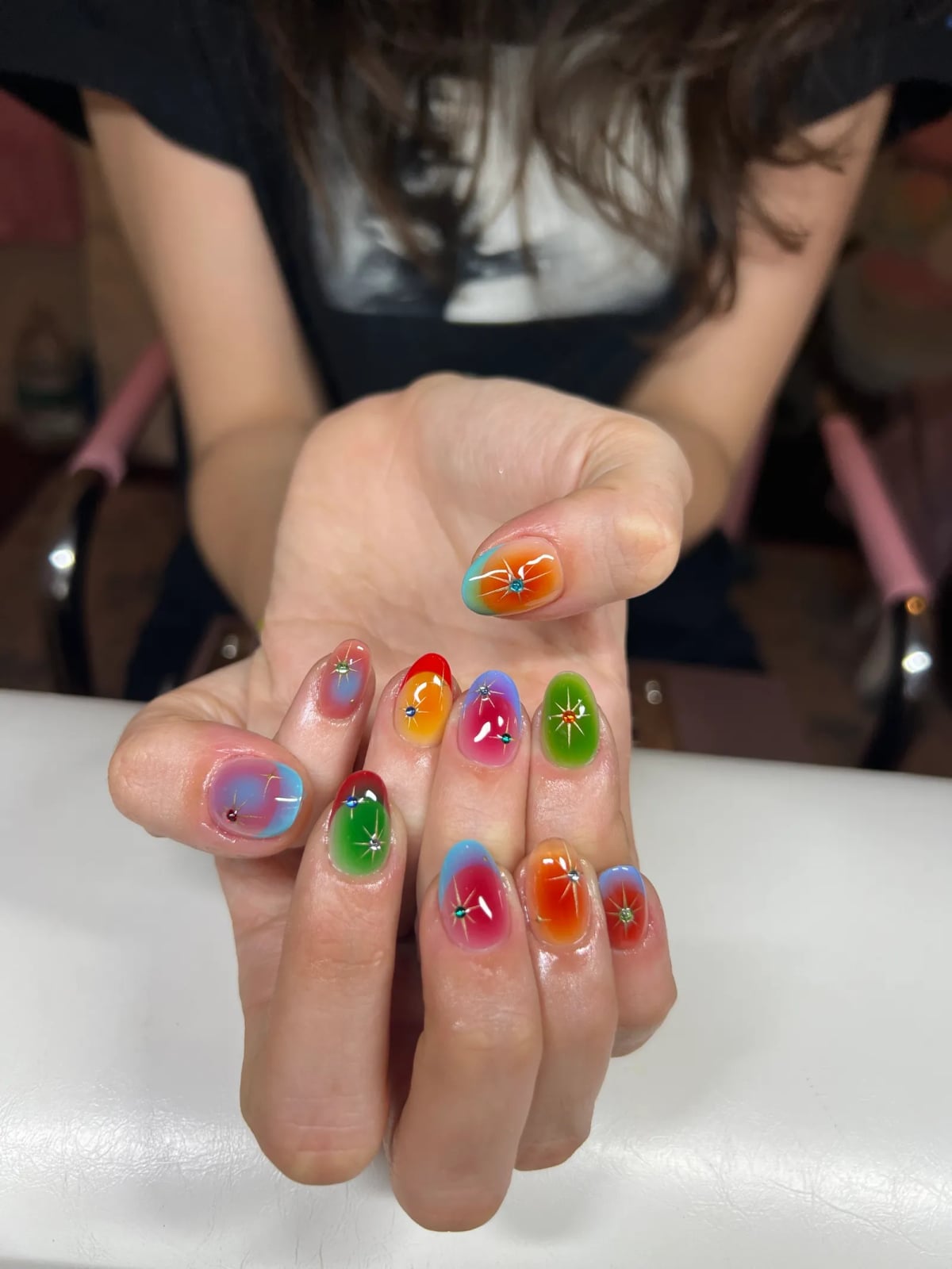 Medium Oval Abstract Watercolor Gradient Star Nails — Abstract Watercolor Nails 2027