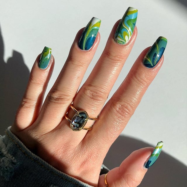 Long Coffin Blue Green Yellow White Swirling Abstract Nails — Abstract Watercolor Nails 2027