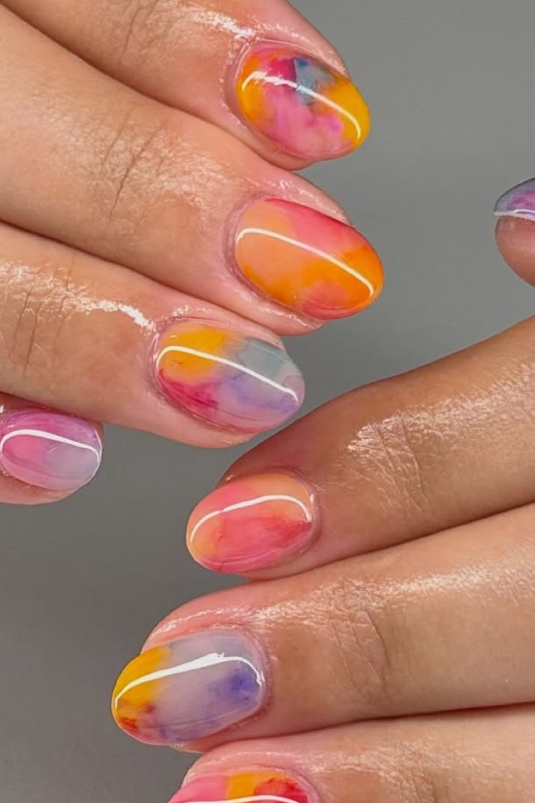 Short Oval Vibrant Pink Orange Yellow Purple Blue Watercolor Nails — Abstract Watercolor Nails 2027