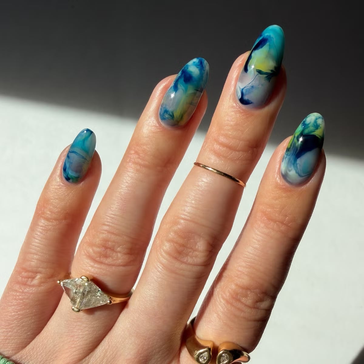 Medium Almond Swirling Blue Green Yellow Jelly Nails — Abstract Watercolor Nails 2027