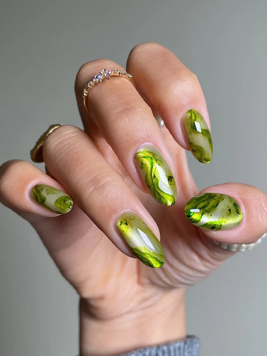 Medium Square Green Yellow Abstract Shimmer Nails — Abstract Watercolor Nails 2027