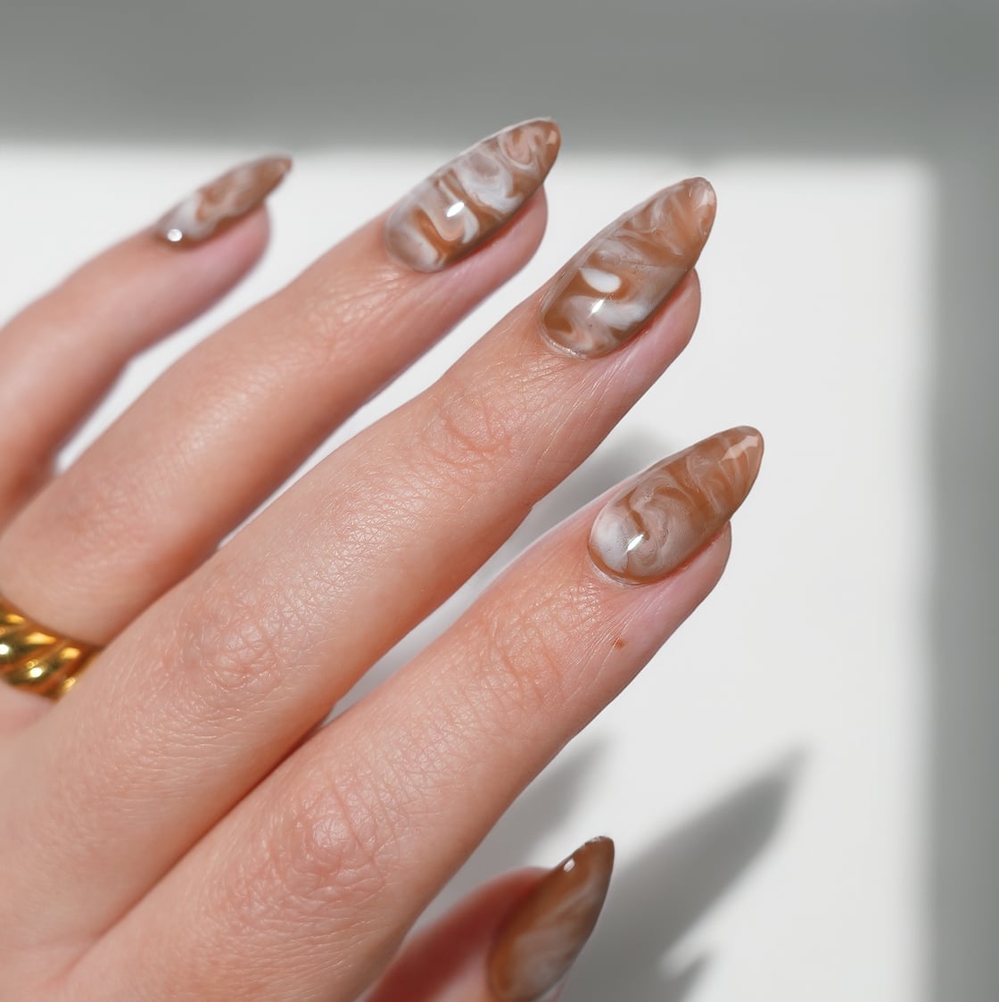 Medium-Long Almond Brown White Marbled Nails — Abstract Watercolor Nails 2027