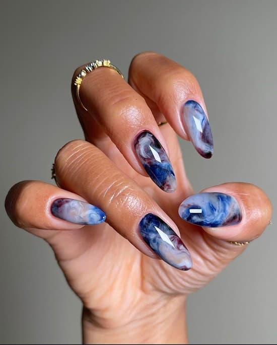 Medium-Long Almond Deep Blue White Burgundy Black Marbled Nails — Abstract Watercolor Nails 2027